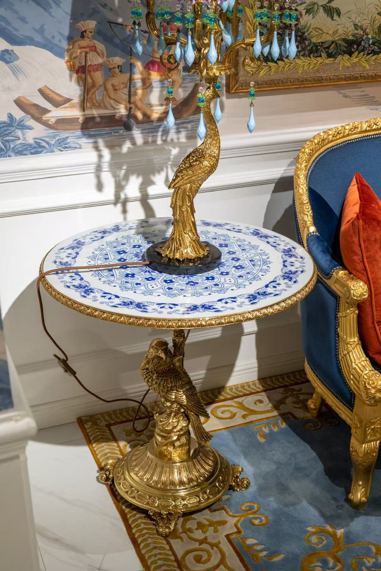 French-Style Artistic Round Side Table with Bird Motif