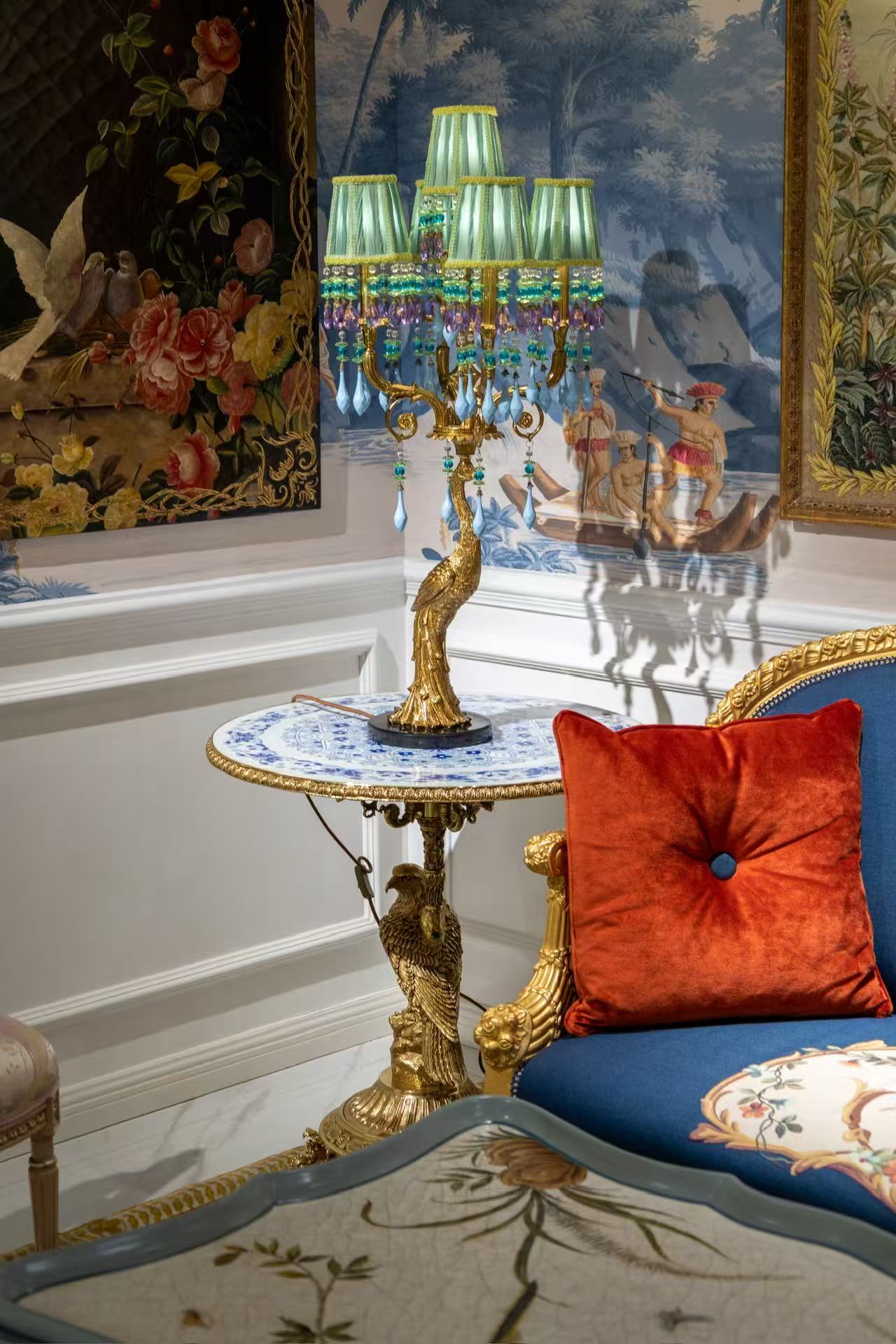 French-Style Artistic Round Side Table with Bird Motif