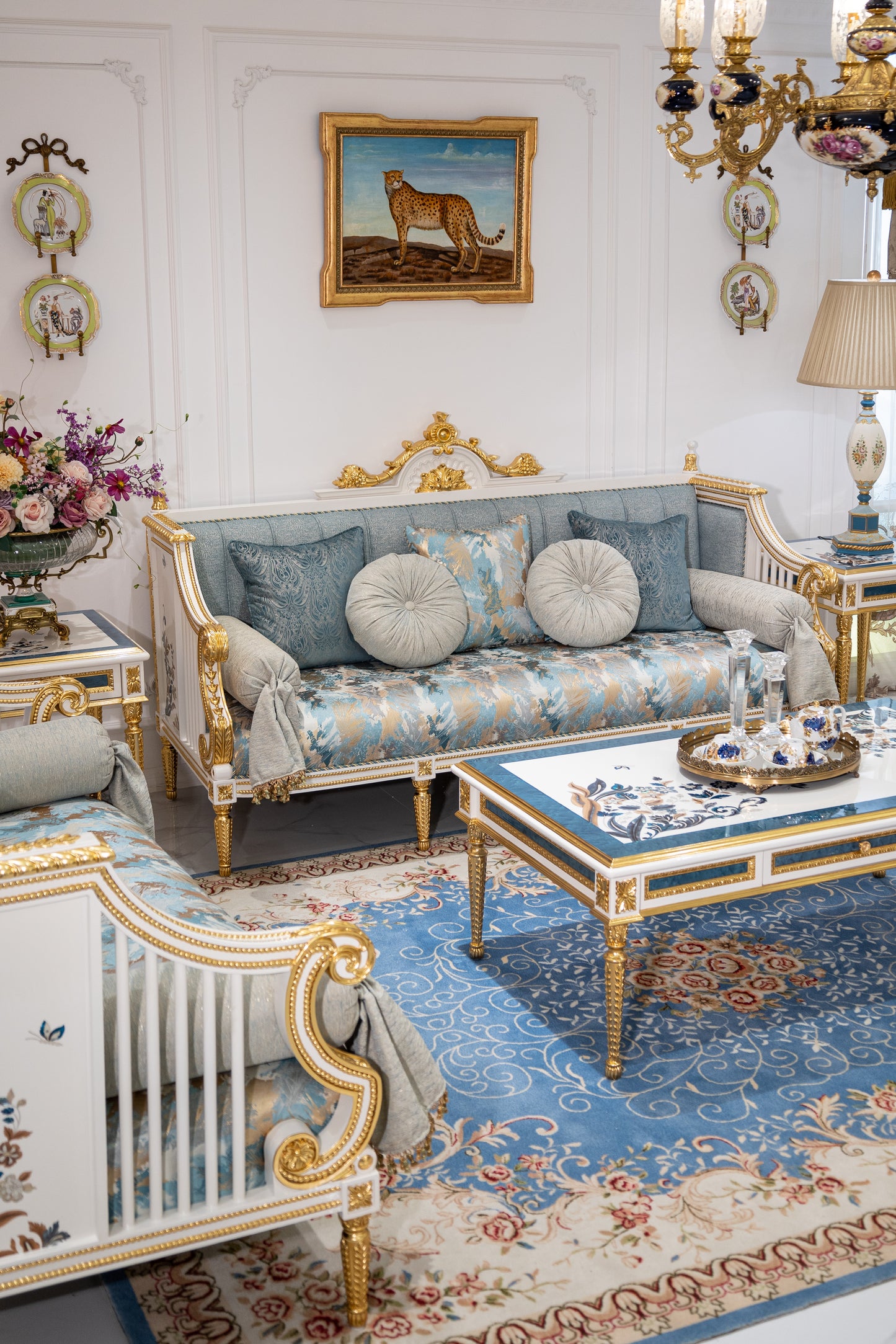 French-Style Solid Wood Carved Blue Coffee Table with Shell Inlay