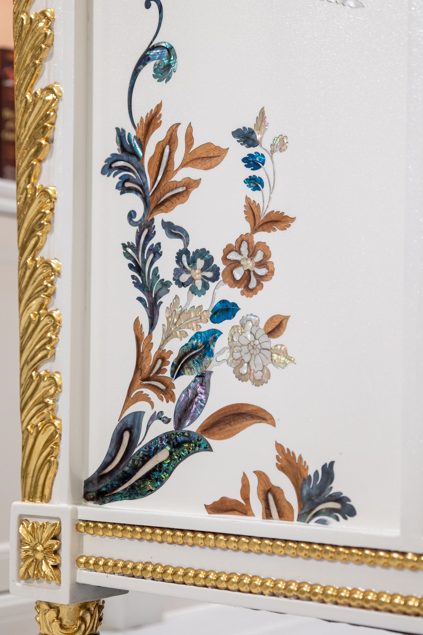 French-Style Solid Wood Carved Sofa with Shell Inlay, Blue Three-Seater