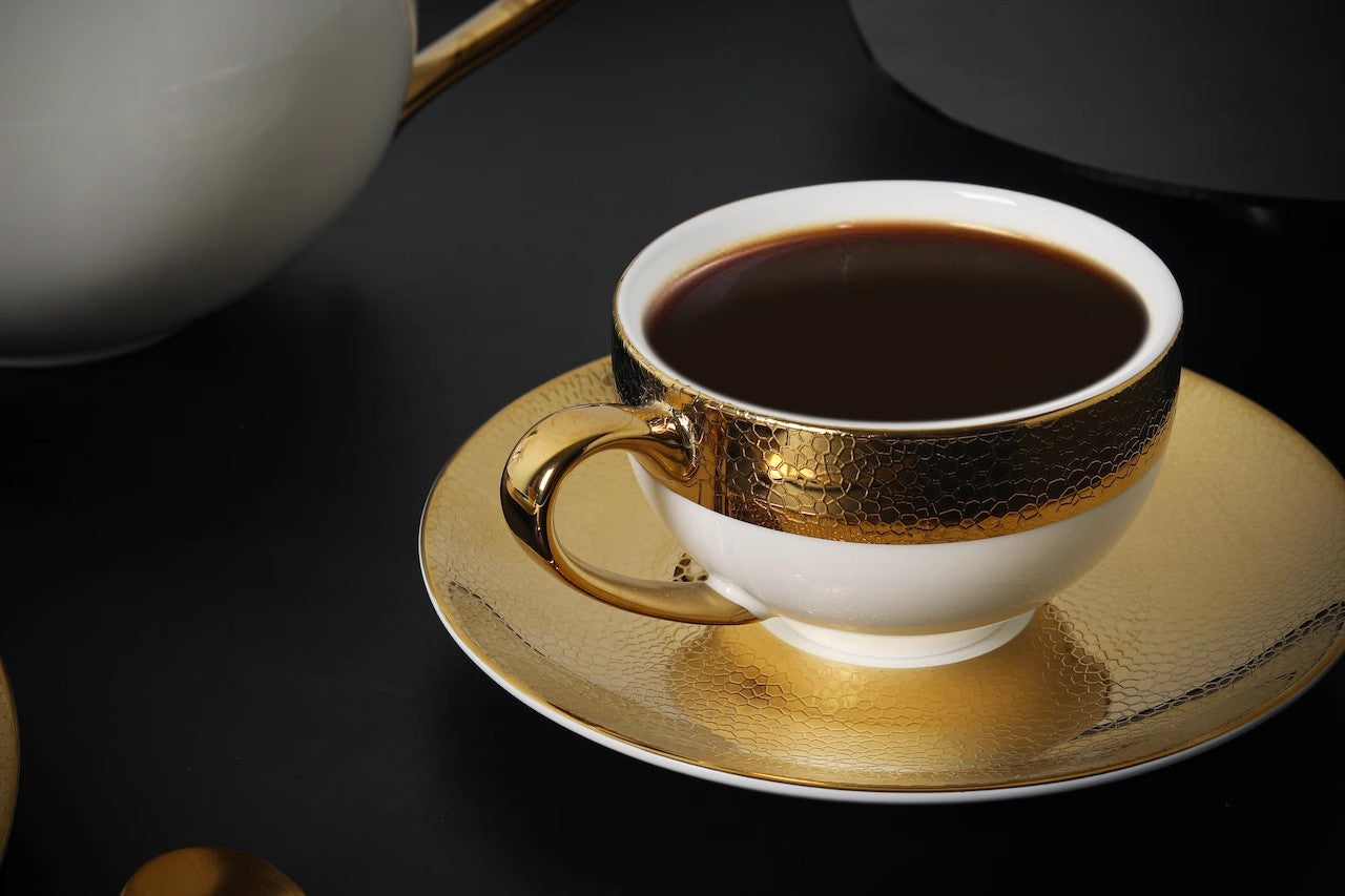 Gold-Trimmed Vintage Piqué Pattern European Bone China Luxury Coffee Cup Set