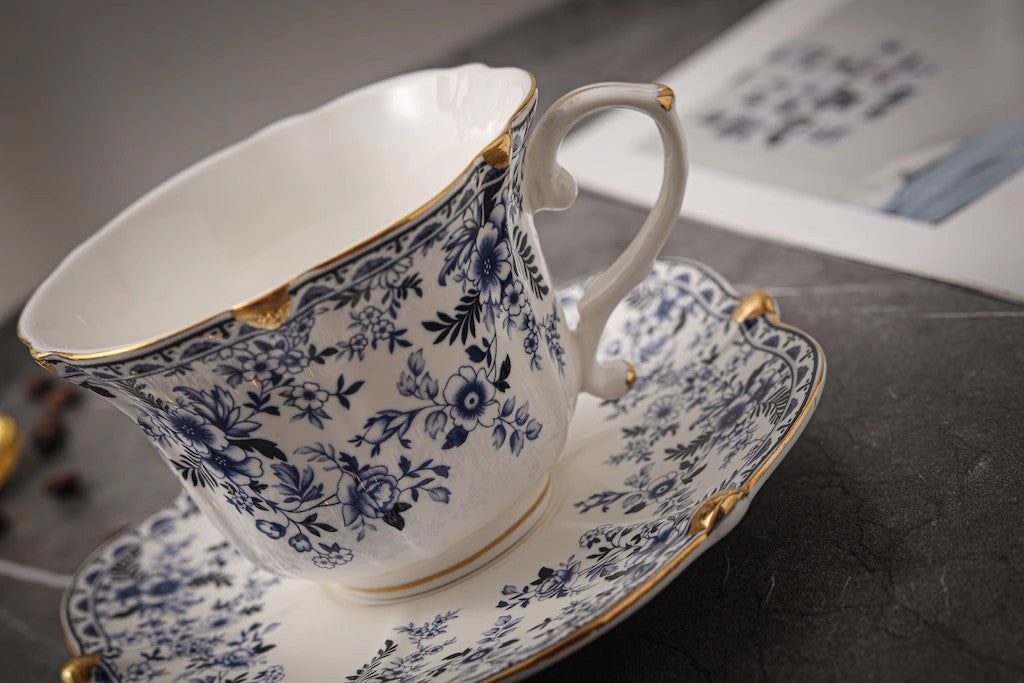 European-Style Blue and White Ceramic Coffee Cup Set with Vintage Floral and Gold Trim