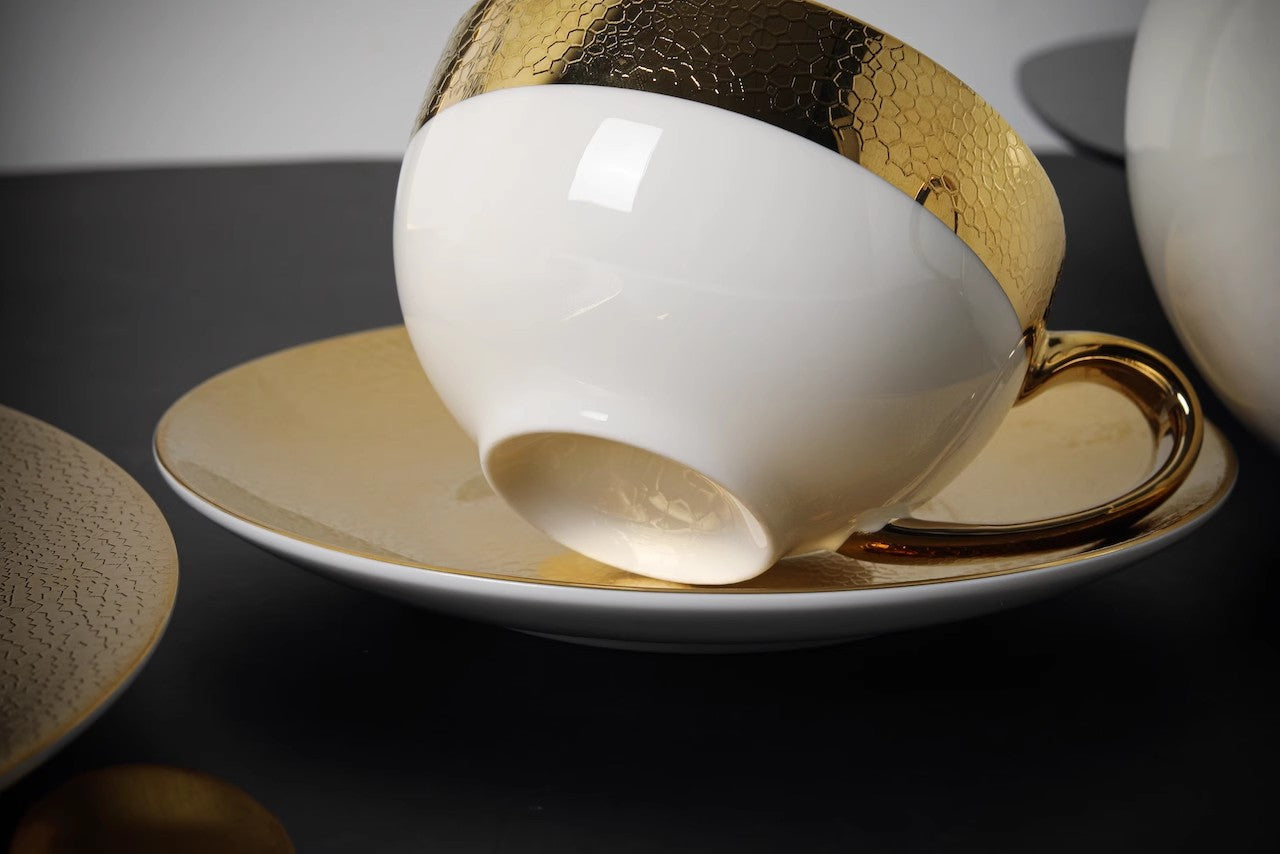 Gold-Trimmed Vintage Piqué Pattern European Bone China Luxury Coffee Cup Set