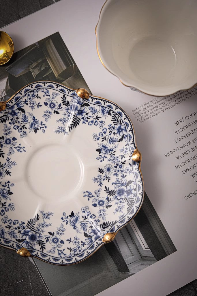 European-Style Blue and White Ceramic Coffee Cup Set with Vintage Floral and Gold Trim
