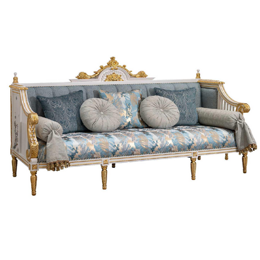 French-Style Solid Wood Carved Sofa with Shell Inlay, Blue Three-Seater