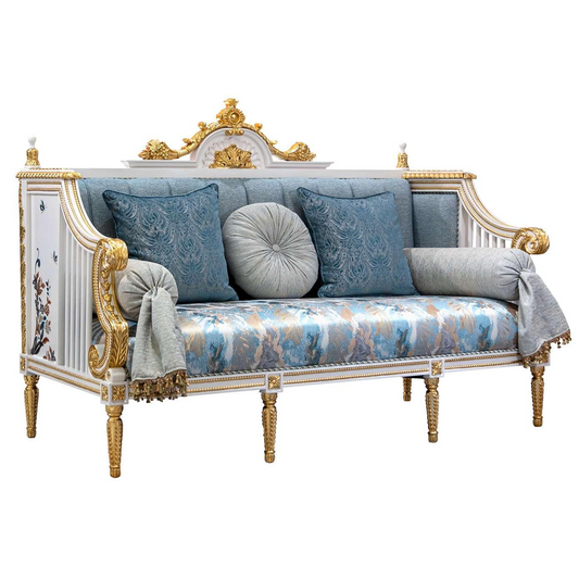 French-Style Solid Wood Carved Blue Two-Seater Sofa with Shell Inlay