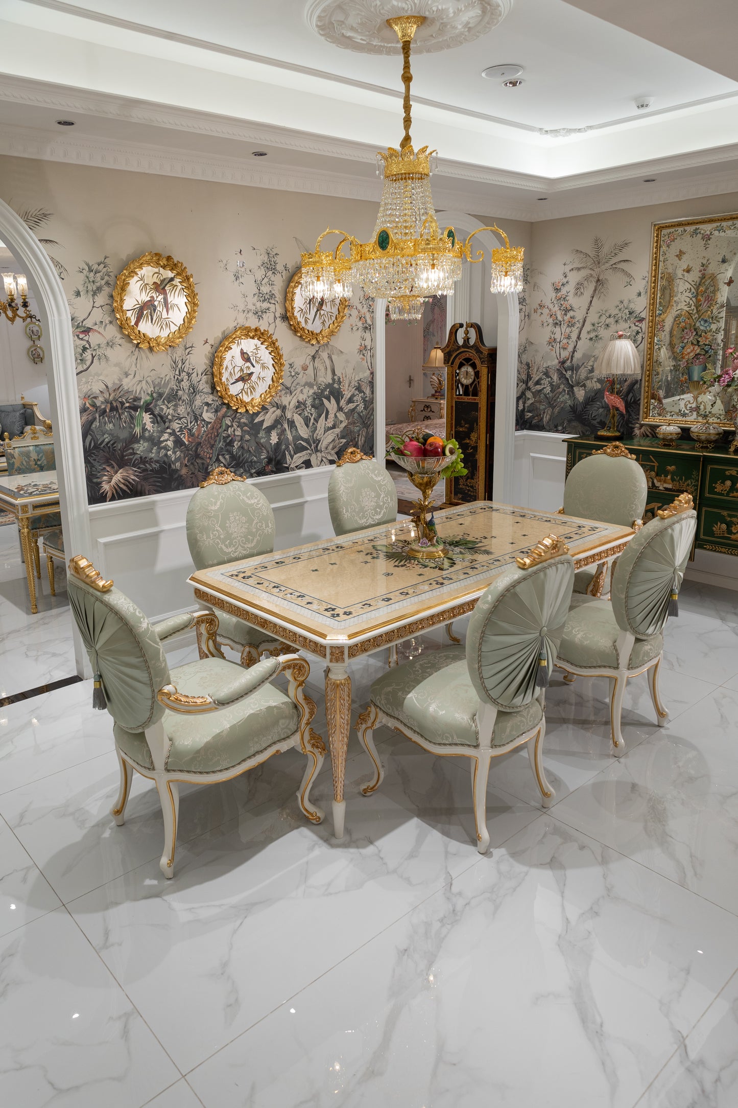 French-Style Luxury Solid Wood Dining Table with Shell Inlay