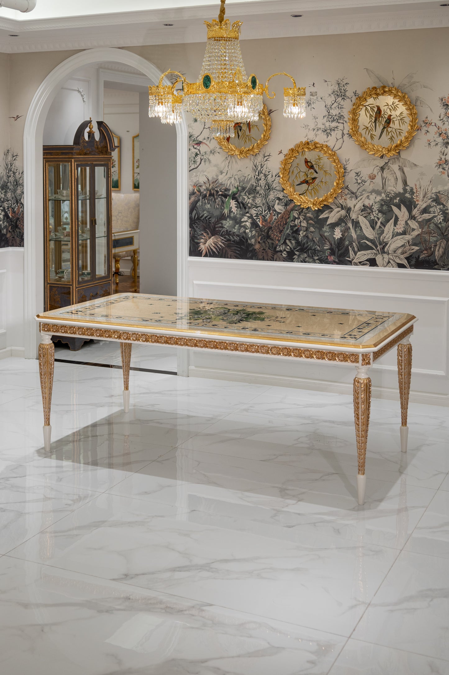 French-Style Luxury Solid Wood Dining Table with Shell Inlay