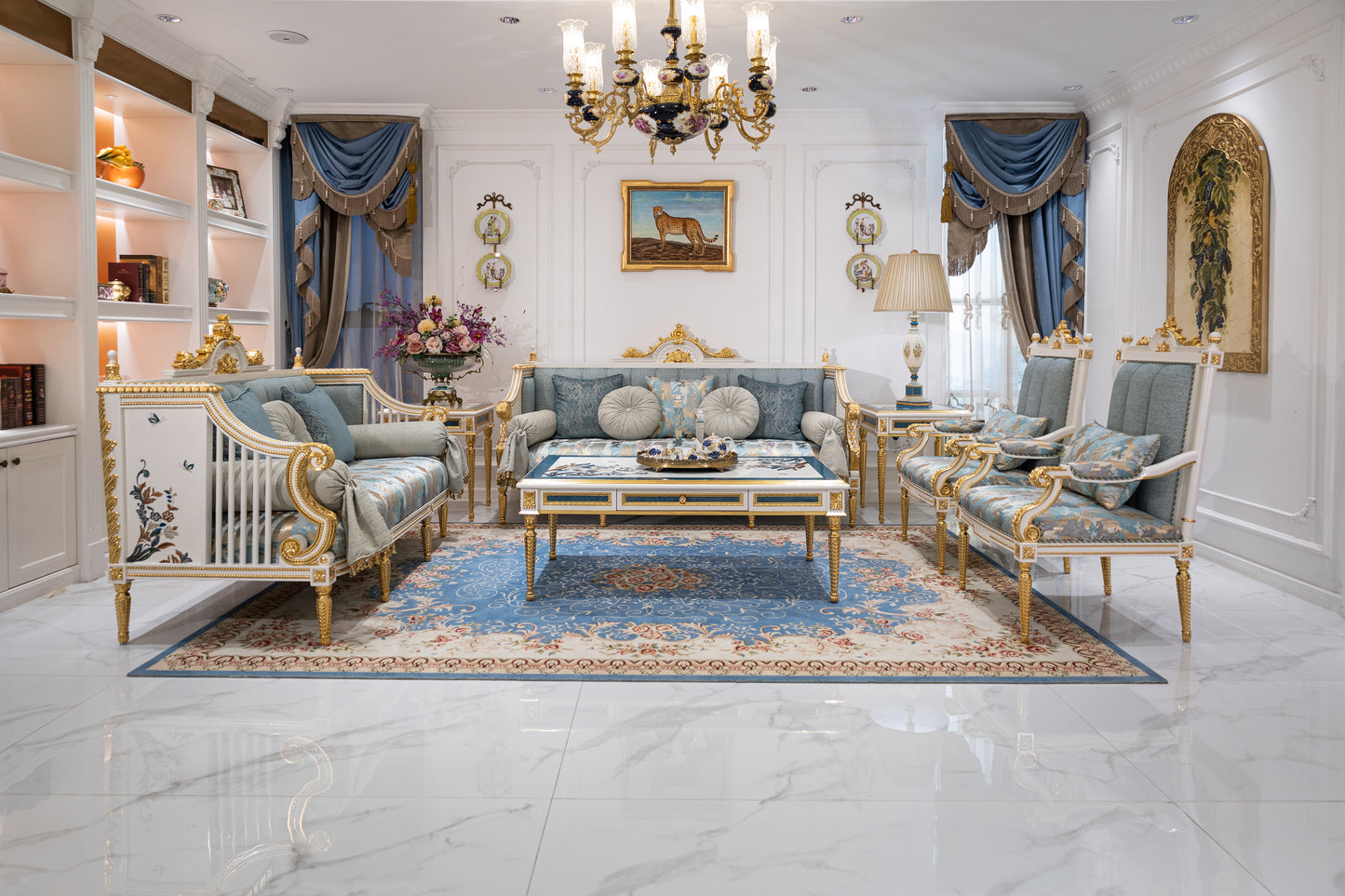 French-Style Solid Wood Carved Blue Two-Seater Sofa with Shell Inlay