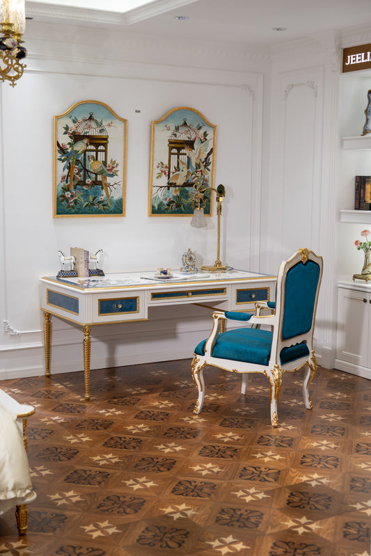 French-Style Luxury Blue Writing Desk with Shell Inlay