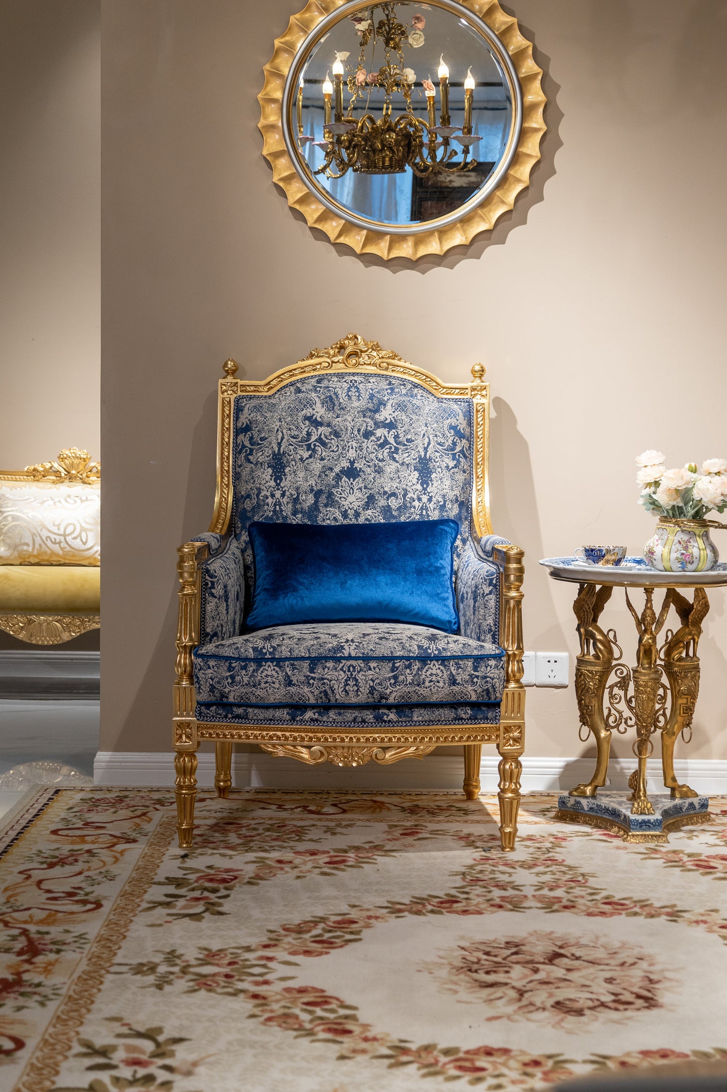 French-Style Solid Wood Carved Armchair with Gold Leaf Finish and Blue Jacquard Upholstery