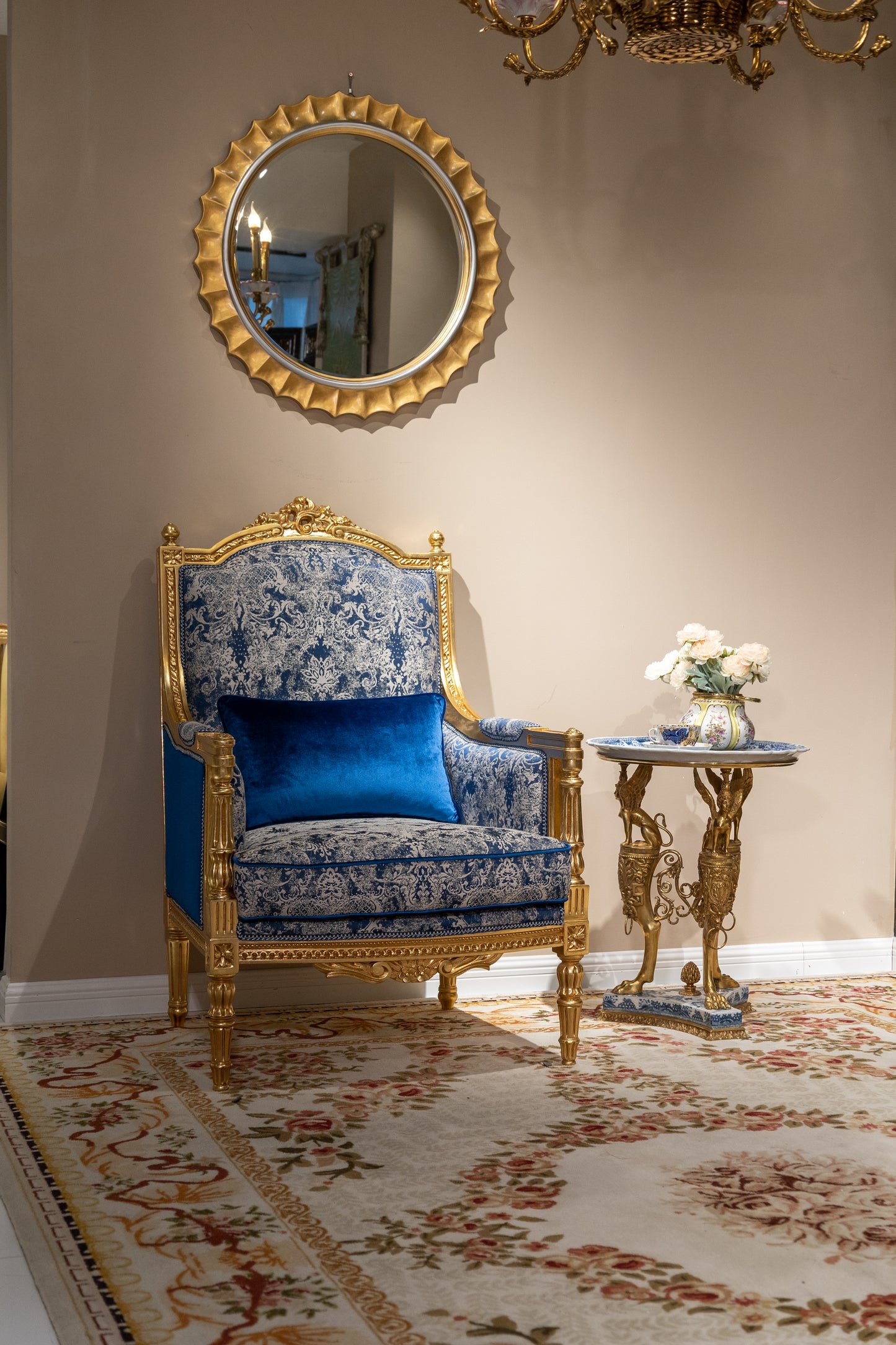 French-Style Solid Wood Carved Armchair with Gold Leaf Finish and Blue Jacquard Upholstery