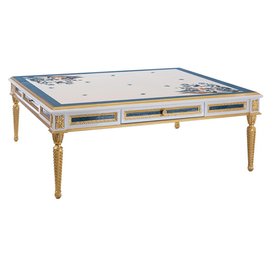 French-Style Solid Wood Carved Blue Coffee Table with Shell Inlay