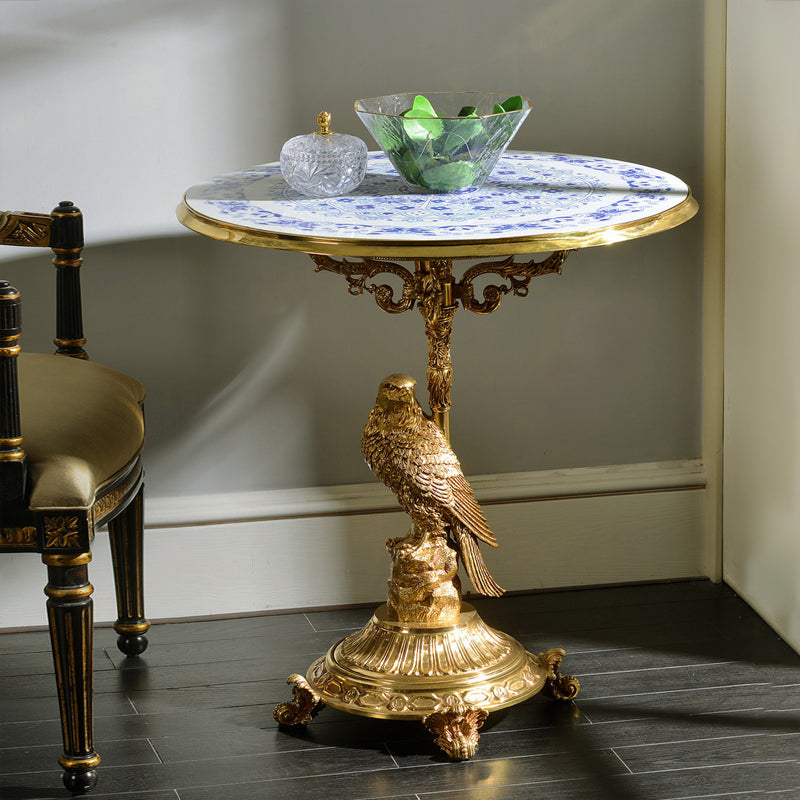 French-Style Artistic Round Side Table with Bird Motif