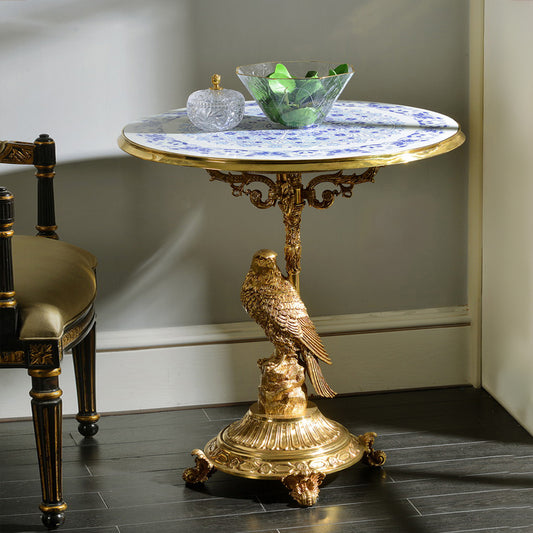 French-Style Artistic Round Side Table with Bird Motif