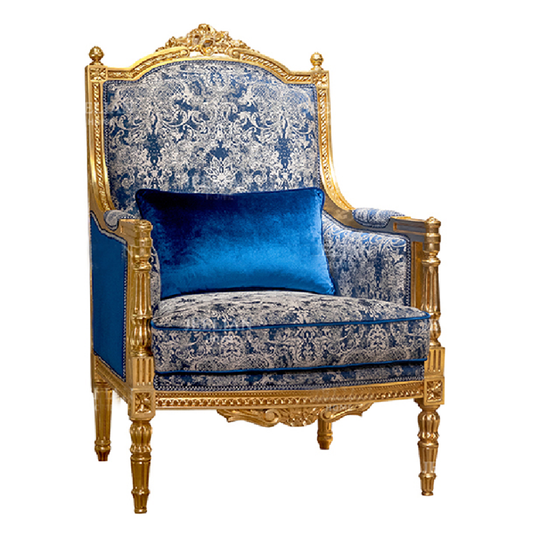 French-Style Solid Wood Carved Armchair with Gold Leaf Finish and Blue Jacquard Upholstery