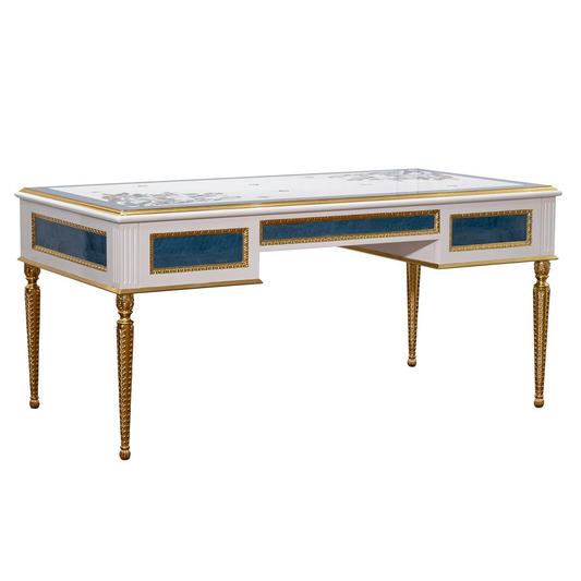 French-Style Luxury Blue Writing Desk with Shell Inlay