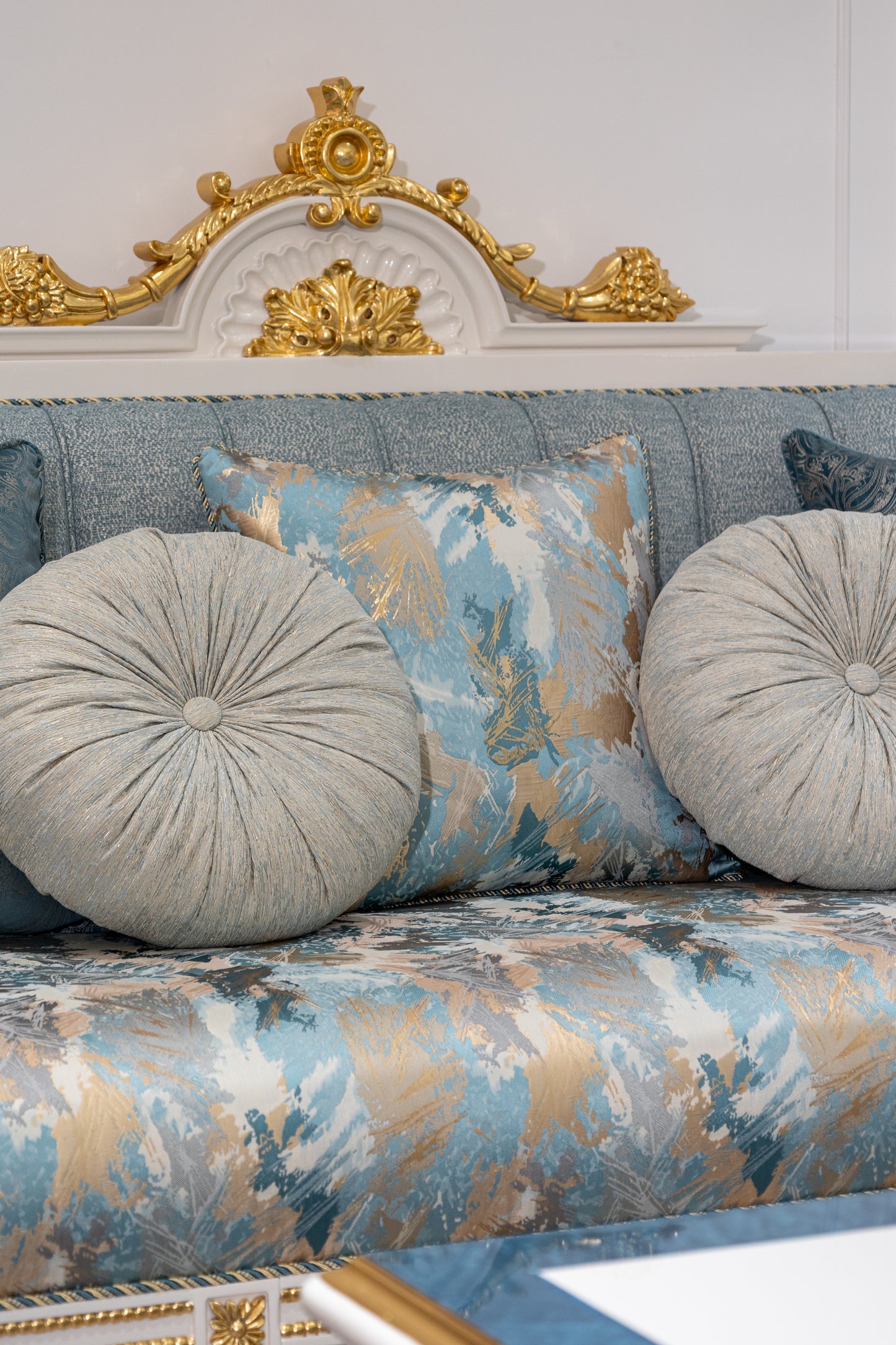 French-Style Solid Wood Carved Sofa with Shell Inlay, Blue Three-Seater