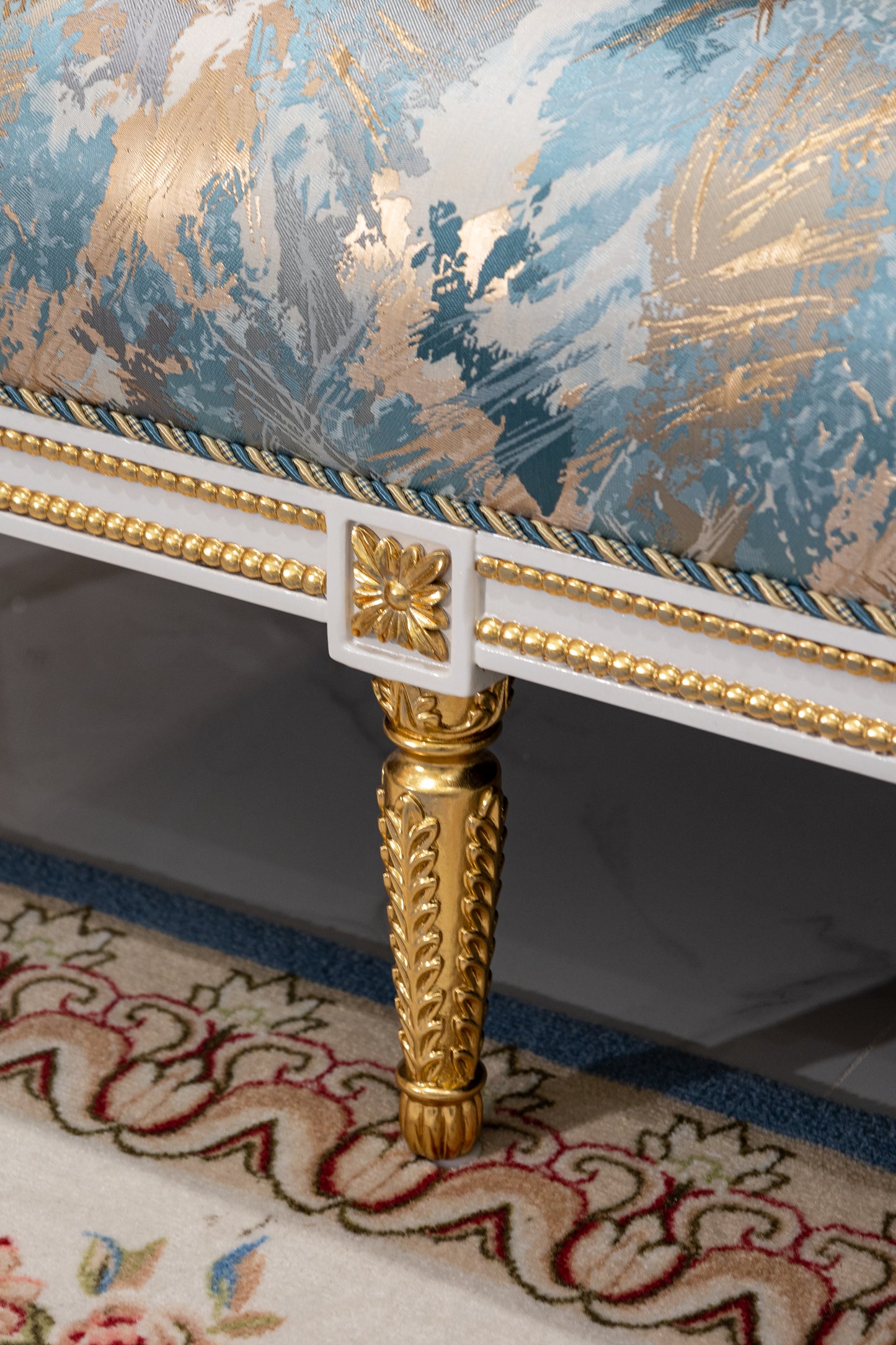 French-Style Solid Wood Carved Blue Two-Seater Sofa with Shell Inlay