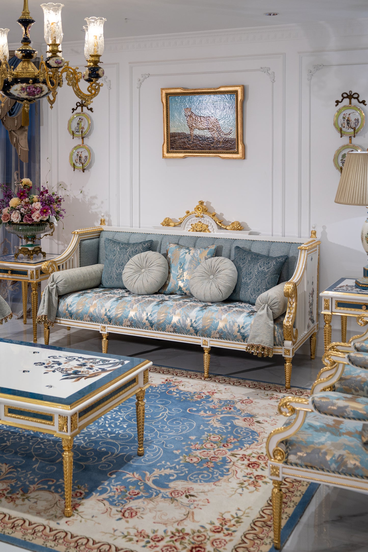 French-Style Solid Wood Carved Sofa with Shell Inlay, Blue Three-Seater