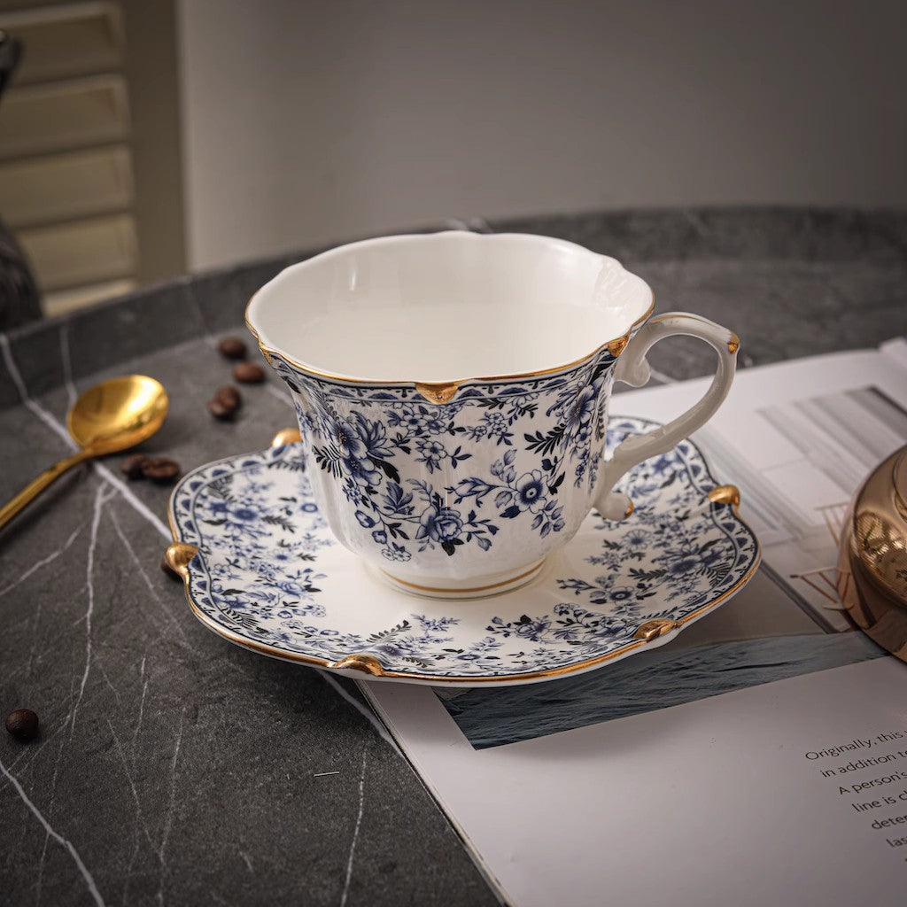 European-Style Blue and White Ceramic Coffee Cup Set with Vintage Floral and Gold Trim