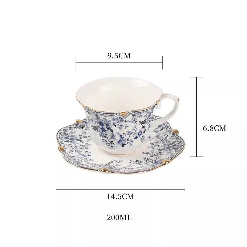 European-Style Blue and White Ceramic Coffee Cup Set with Vintage Floral and Gold Trim