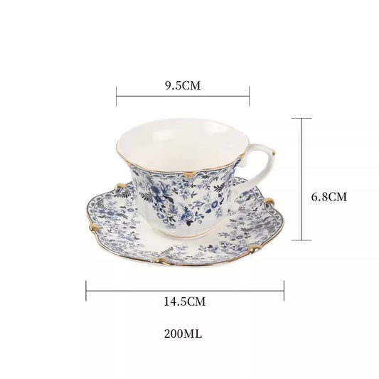 European-Style Blue and White Ceramic Coffee Cup Set with Vintage Floral and Gold Trim