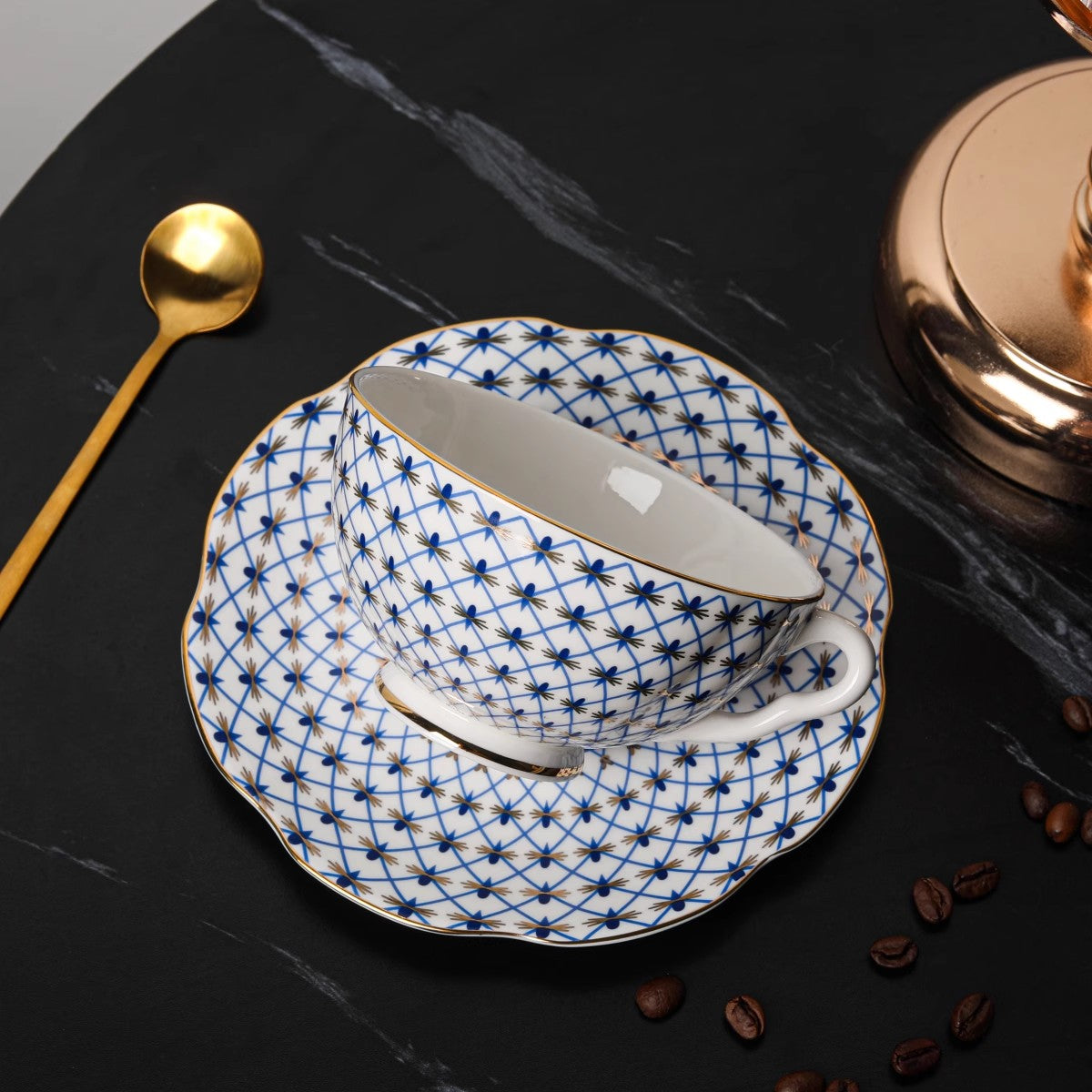 Blue Grid European Light Luxury Bone China Coffee Cup Set with Gold Trim
