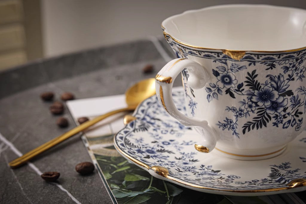 European-Style Blue and White Ceramic Coffee Cup Set with Vintage Floral and Gold Trim