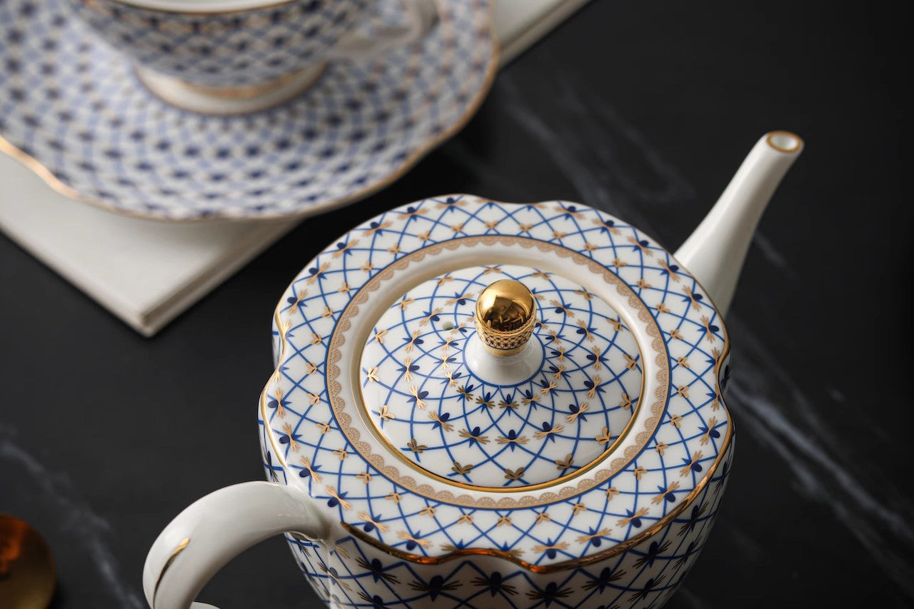 Blue Grid European Light Luxury Bone China Coffee Cup Set with Gold Trim