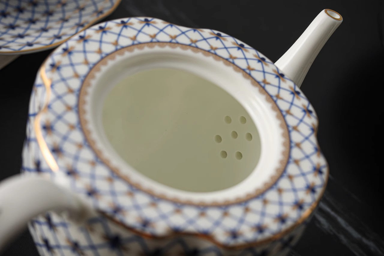 Blue Grid European Light Luxury Bone China Coffee Cup Set with Gold Trim