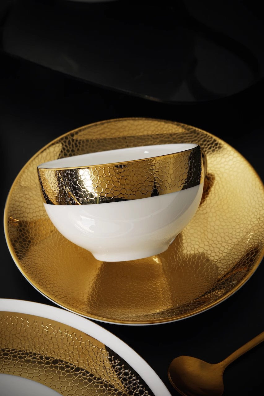 Gold-Trimmed Vintage Piqué Pattern European Bone China Luxury Coffee Cup Set