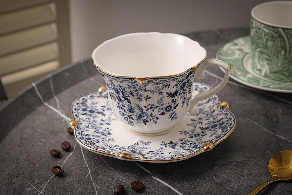 European-Style Blue and White Ceramic Coffee Cup Set with Vintage Floral and Gold Trim