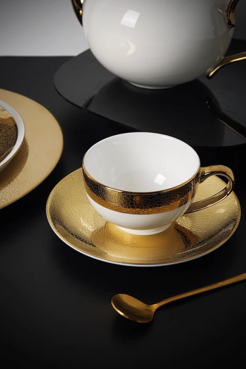 Gold-Trimmed Vintage Piqué Pattern European Bone China Luxury Coffee Cup Set