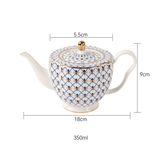 Blue Grid European Light Luxury Bone China Coffee Cup Set with Gold Trim
