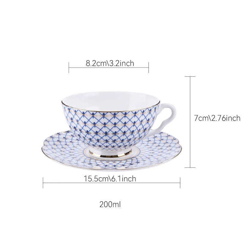 Blue Grid European Light Luxury Bone China Coffee Cup Set with Gold Trim