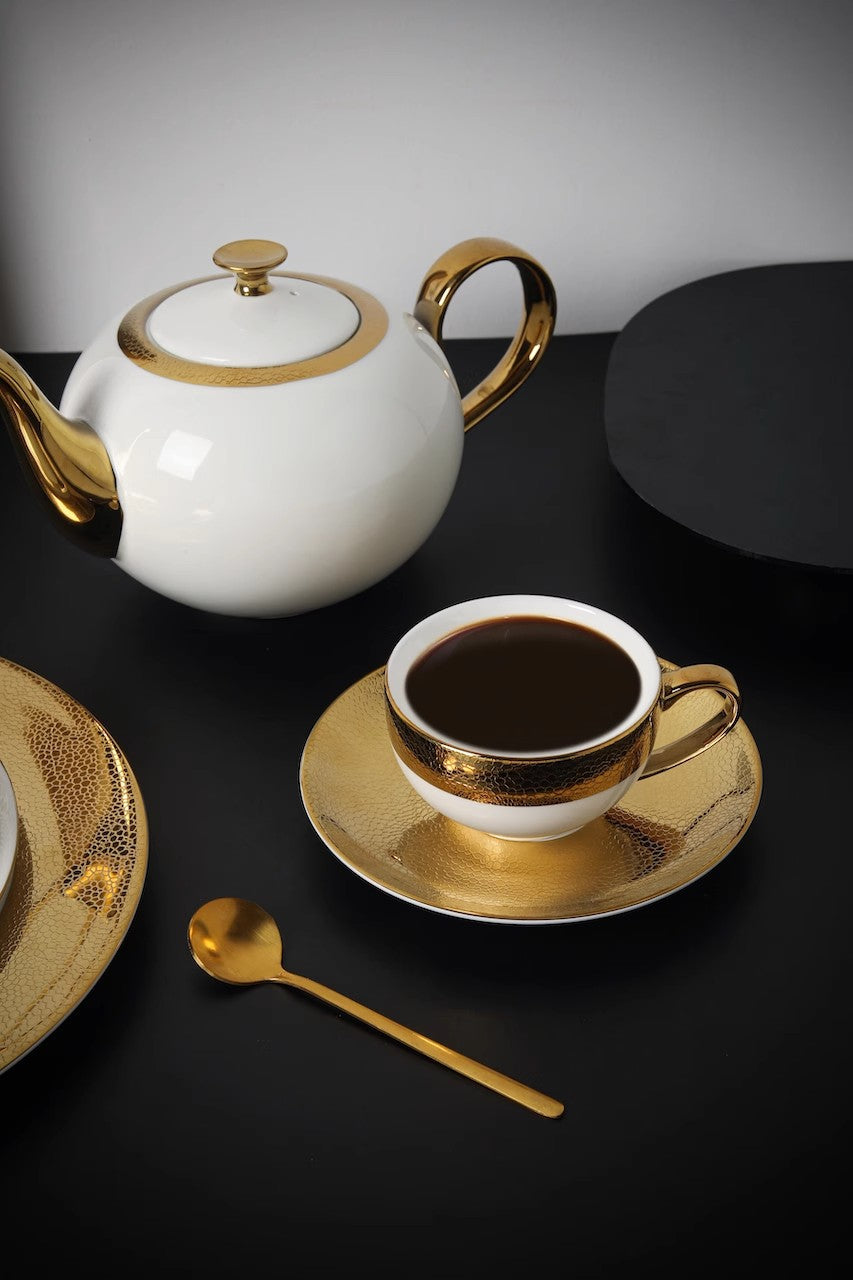 Gold-Trimmed Vintage Piqué Pattern European Bone China Luxury Coffee Cup Set
