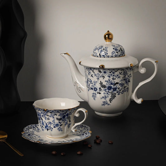European-Style Blue and White Ceramic Coffee Cup Set with Vintage Floral and Gold Trim