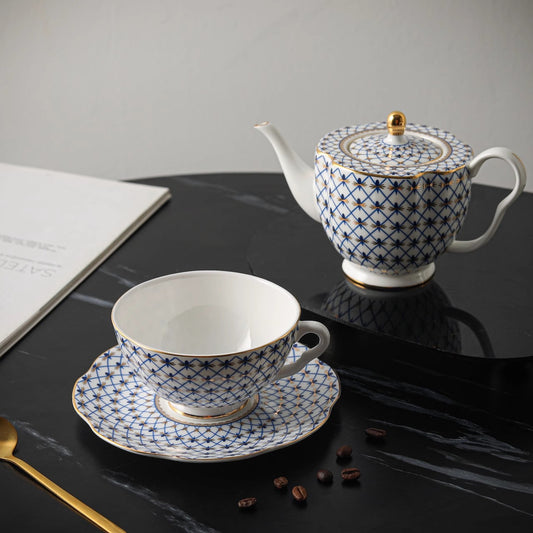 Blue Grid European Light Luxury Bone China Coffee Cup Set with Gold Trim