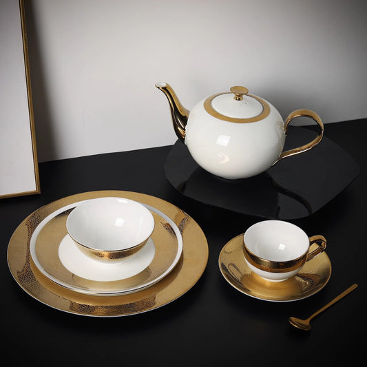 Gold-Trimmed Vintage Piqué Pattern European Bone China Luxury Coffee Cup Set