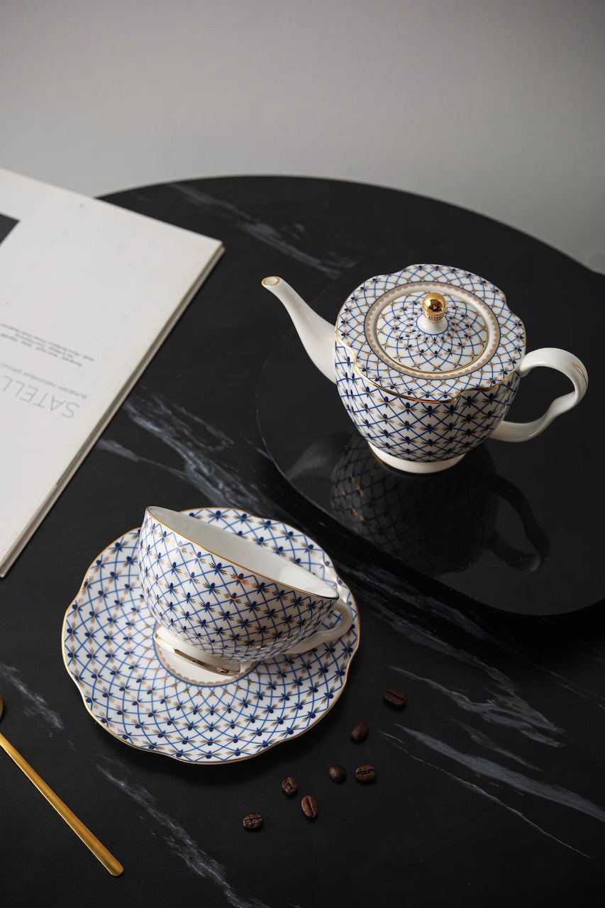 Blue Grid European Light Luxury Bone China Coffee Cup Set with Gold Trim
