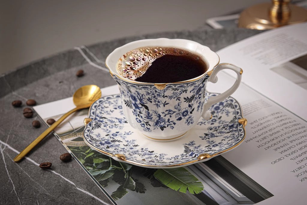 European-Style Blue and White Ceramic Coffee Cup Set with Vintage Floral and Gold Trim