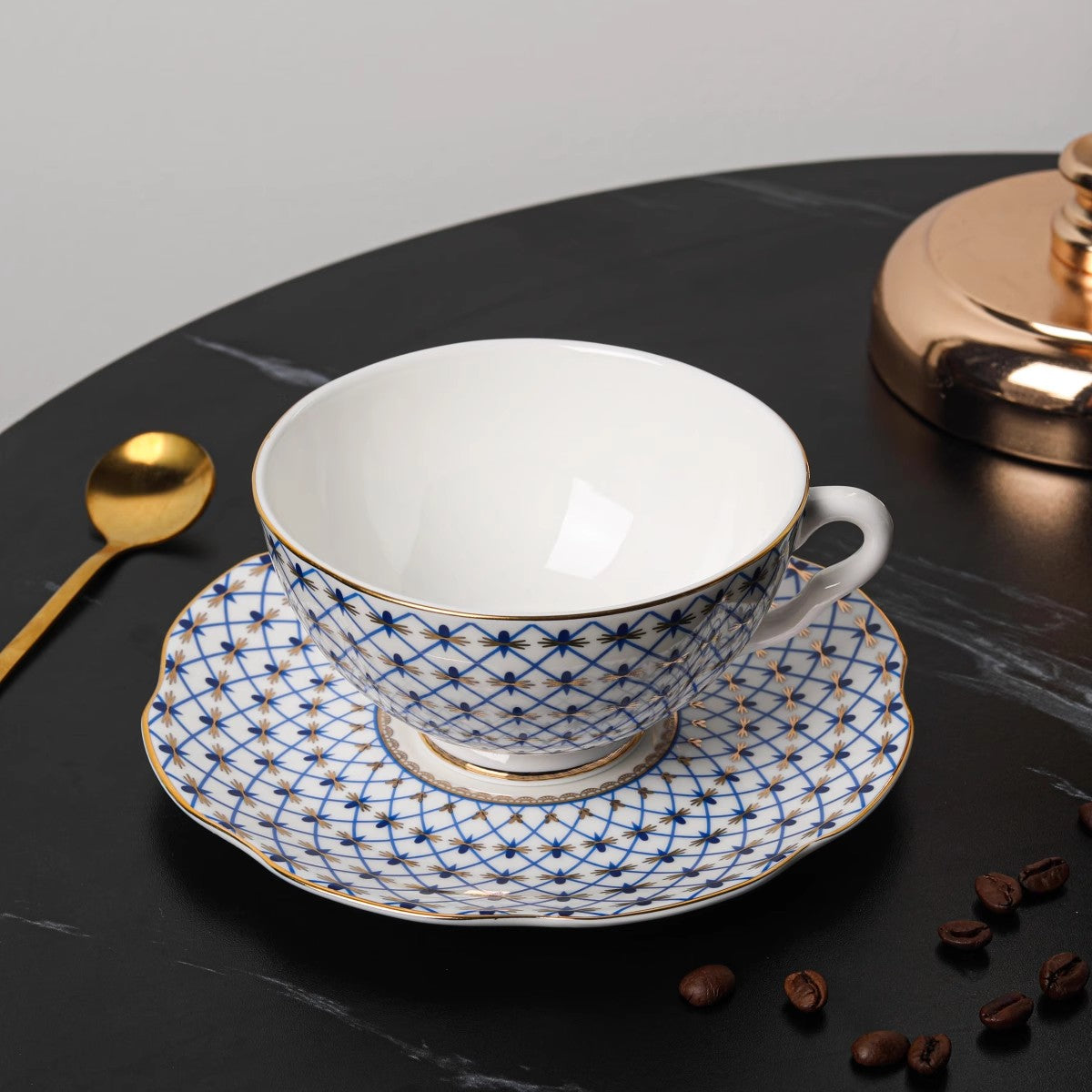 Blue Grid European Light Luxury Bone China Coffee Cup Set with Gold Trim