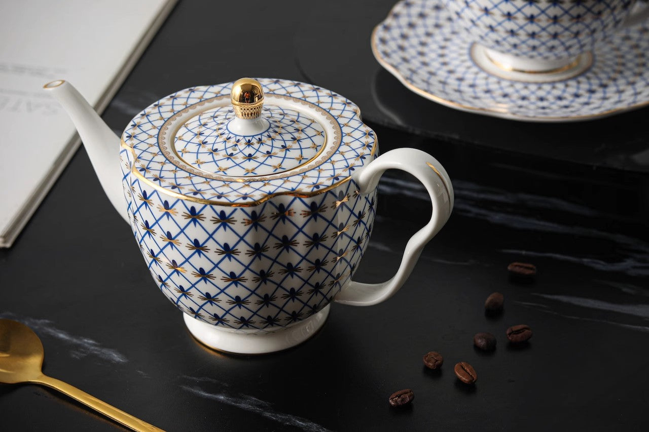 Blue Grid European Light Luxury Bone China Coffee Cup Set with Gold Trim